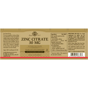 Solgar® Zinc Citrate 30 mg Vegetable Capsules - Pack of 100
