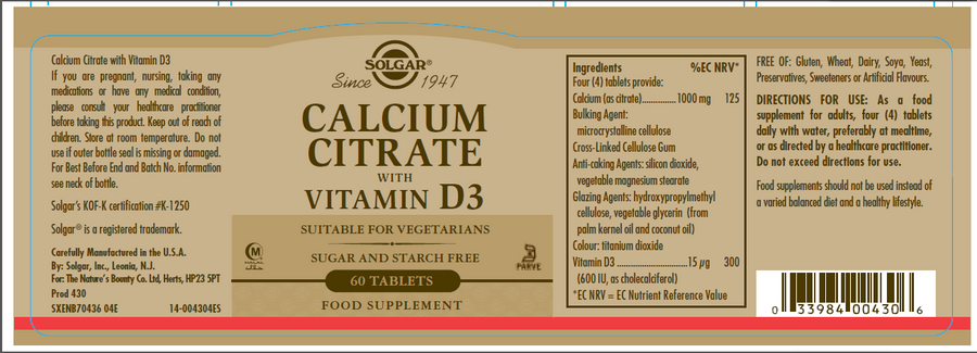 Solgar® Calcium Citrate with Vitamin D3 Tablets - Pack of 60