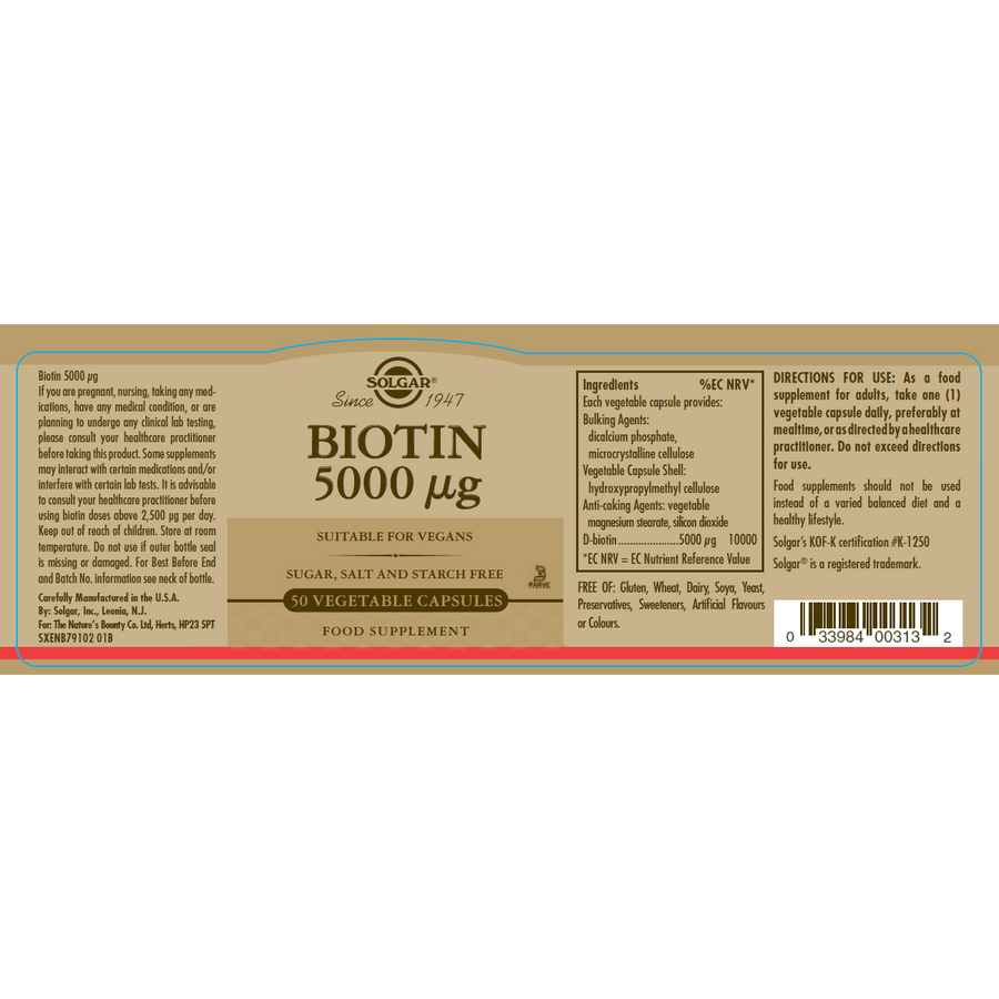 Solgar® Biotin 5000 µg Vegetable Capsules - Pack of 50