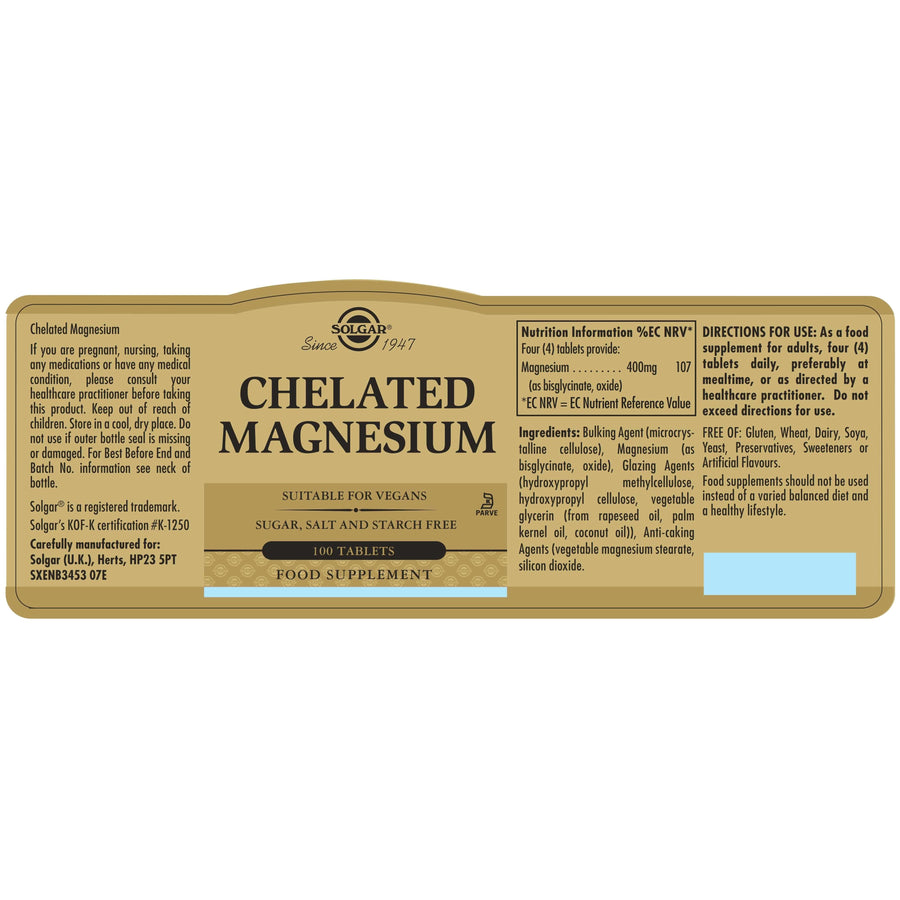 Solgar® Chelated Magnesium Tablets - Pack of 100 (Pack of 3)
